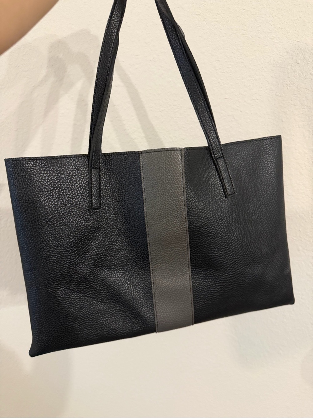 Vince Camuto Luck Tote Black Gray Stripe Pebbled Vegan Leather Laptop Work Bag